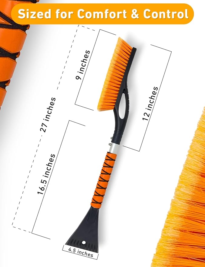 EcoNour 27" Aluminum Snow Brush with Ice Scrapers for Car Windshield and Window | Car Snow Scraper and Brush with Ergonomic Foam Grip Winter Accessories (Orange, Red, Green) (3 Pack)