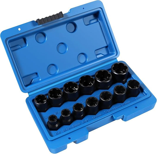 13-Piece Bolt Extractor Kit, Extractor Set for Stripped/Lug Nut Removal, 3/8" Drive Screw Extractor Socket Set, SAE & Metric