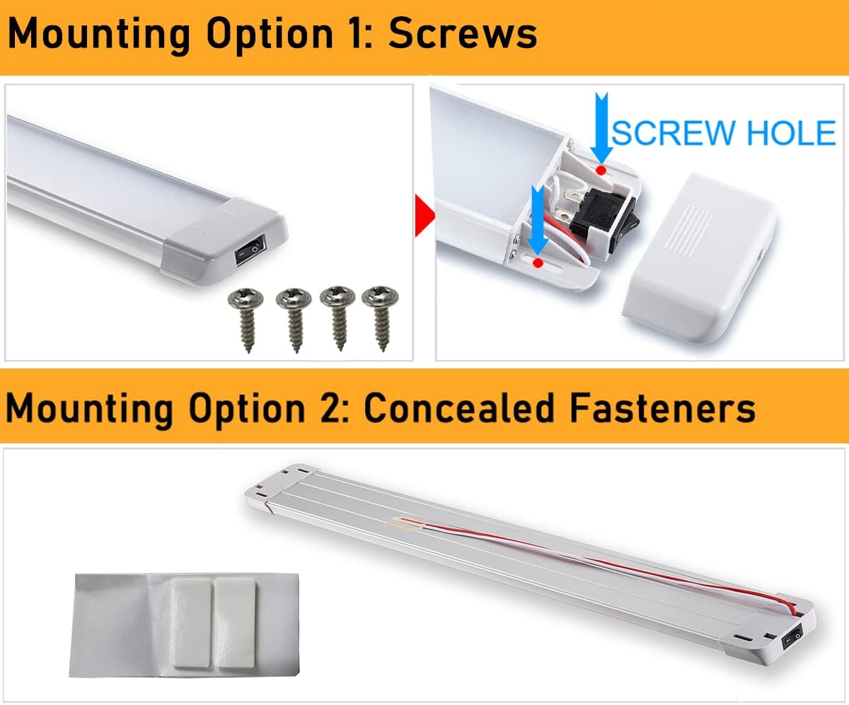 LED Interior Utility Light Fixture 22.4" x 2.6", High Lumen-Output Low Current Draw Energy Efficient, Frosted Lens 6000K Cool-White Even Diffused Beam, On/Off Rocker Switch 12V-24V DC, 1-Pack