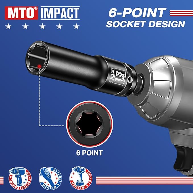 MTO 1/2" Drive 13mm Deep Impact Socket, 6-Point Metric Socket for Automotive Maintaince, CR-V Steel Meets ANSI Standards