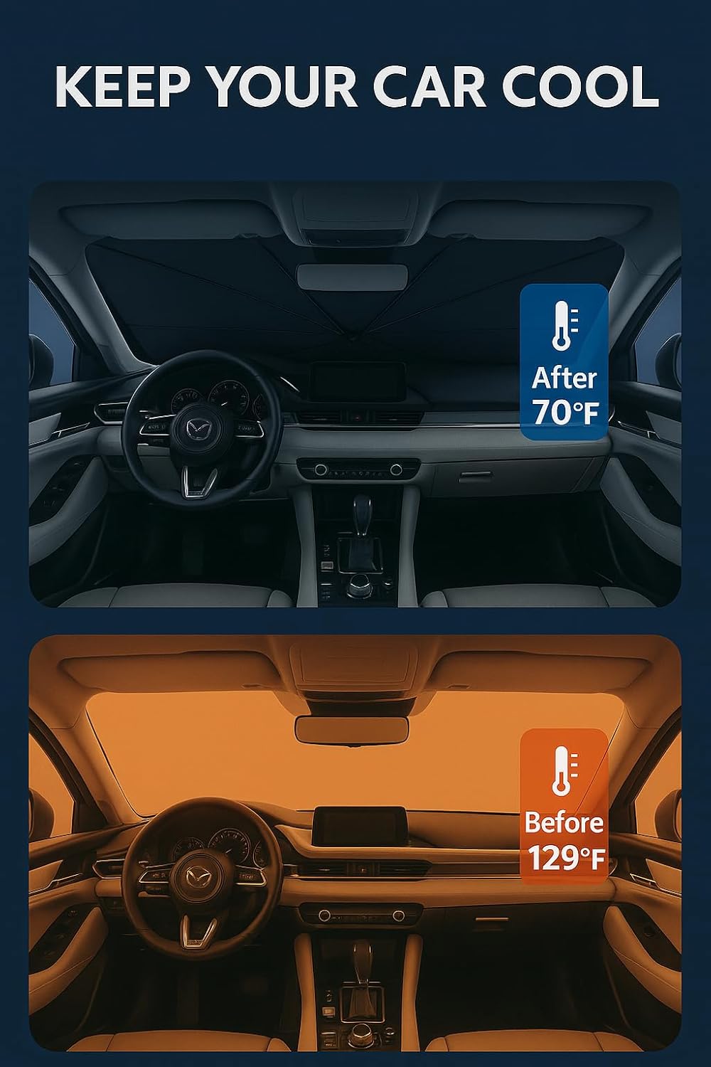 Proadsy Windshield Sun Shade Umbrella for Mazda 3 2019-2025 2026 Foldable Car Umbrella Sunshade with Soft TPU Handle Spring Structure Crystal Cooling Material Protect Car from Rays & Heat