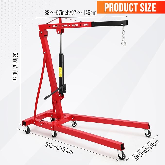 2 Ton Hydraulic Engine Hoist with Lever Stabilizer , Cherry Picker Engine Hoist, 4400LBS Heavy Duty Garage Crane with 6 Swivel Casters & Adjustable Telescopic Boom, for Auto Repair & Workshop (Red)