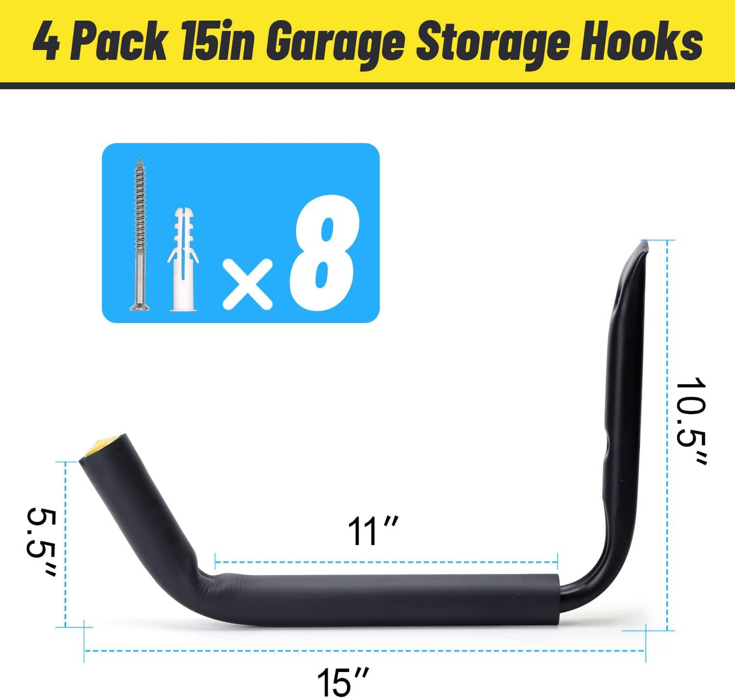 100 LB Capacity (15") Heavy Duty Garage Storage Hooks (4packs) Kayak Storage Hanger Wall Mounted Rack for Hanging Ladders, Bikes