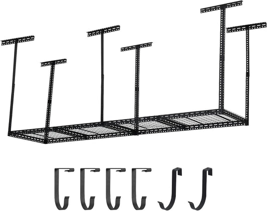 Overhead Garage Storage Rack 2x8 FT, Steel Ceiling Shelves 660lb Capacity, Height Adjustable 22-40 Inches, Space-Saving for Attic Basement Shed (Black, 6 Posts)