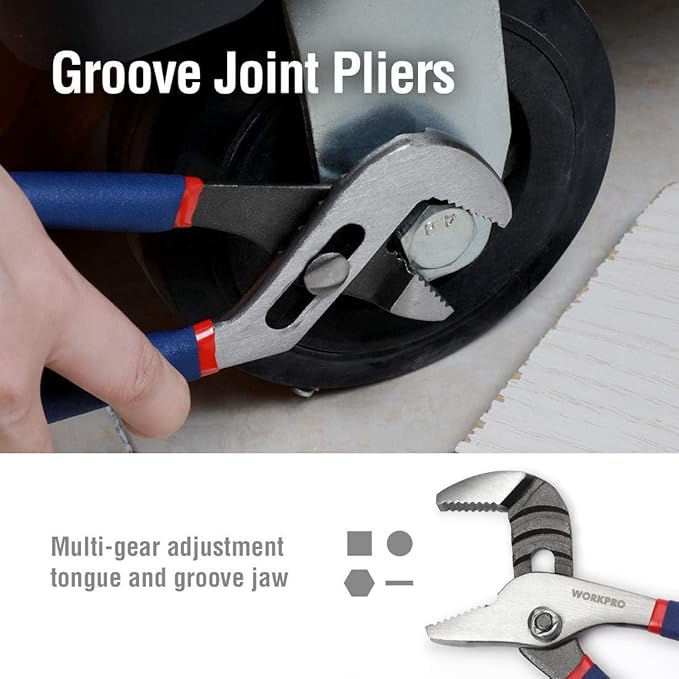 WORKPRO Large Pliers & Wrench Set 6-Piece (10" Water Pump, 10" Slip Joint, 8" Long Nose, 8" Linesman, 6" Diagonal, 8" Adjustable Wrench) for DIY & Home Use, W001329A