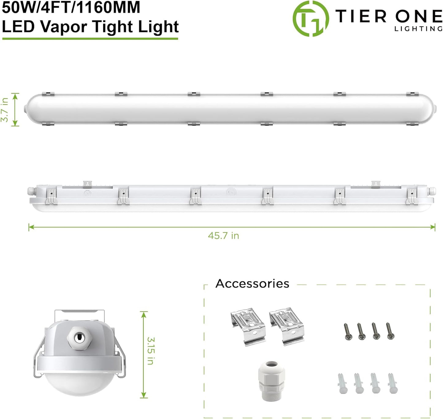 TIERONE 4ft LED Vapor Tight Light 50W Outdoor Shop Light IP65 Waterproof 0-10V Dimmable Integrated LED White Strip Lighting Fixture for Warehouses Car Washes 5000K 100-277V 6000LM ETL Listed 4 Pack
