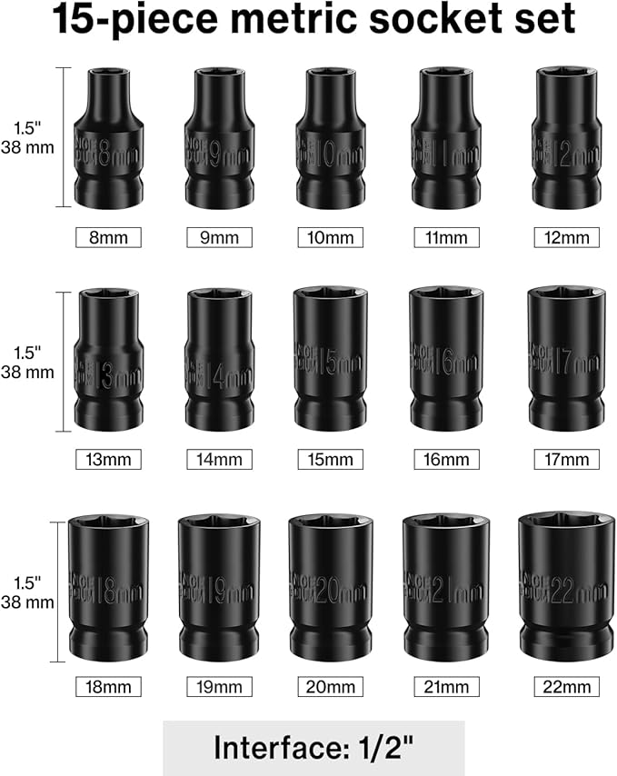 Lytool 15-Piece 1/2" Drive Shallow Impact Socket Set, Metric 8-22mm, 6-Point CR-V Steel