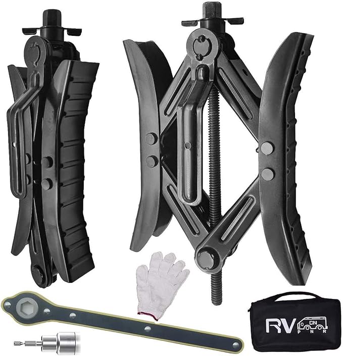 Camper Wheel Chock Stabilizer, RV X Chocks Wheel Stabilizer, Wheel Chock Scissor 2 Sets Tire Locking Chocks Accessories with Ratchet,hex Socket, Tool Kit, Gloves (Black)