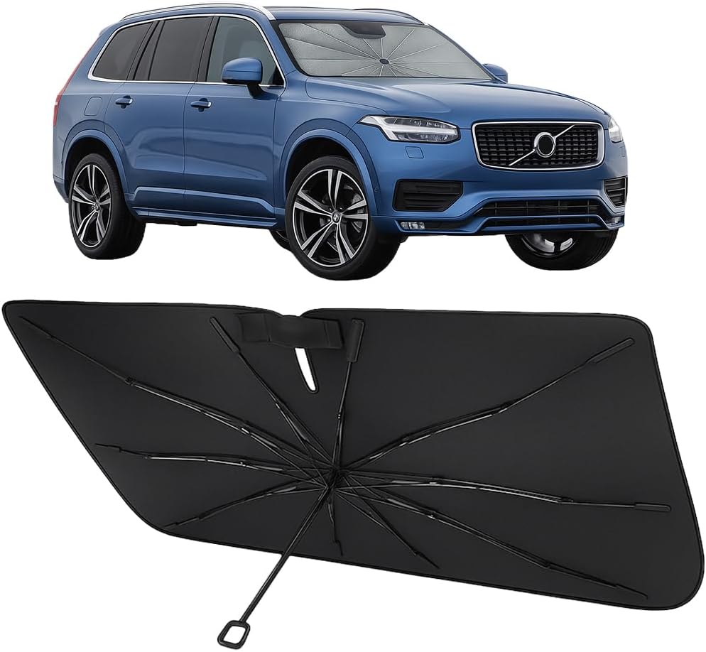 Proadsy Windshield Sun Shade Umbrella for Volvo XC90 2016-2025 2026 Foldable Car Umbrella Sunshade with Soft TPU Handle Spring Structure Crystal Cooling Material Protect Car from Rays & Heat