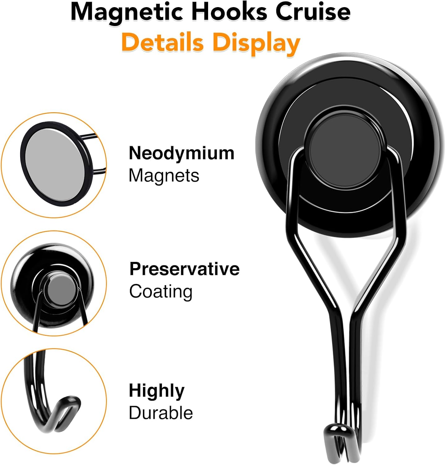 MIKEDE 110 LBS Black Magnetic Hooks, 6 Pack Swivel Swing Magnet Hooks Heavy Duty, Strong Neodymium Magnets Hanger for Hanging, Grill, Cruise Cabins - 32mm(1.26in) in Diameter