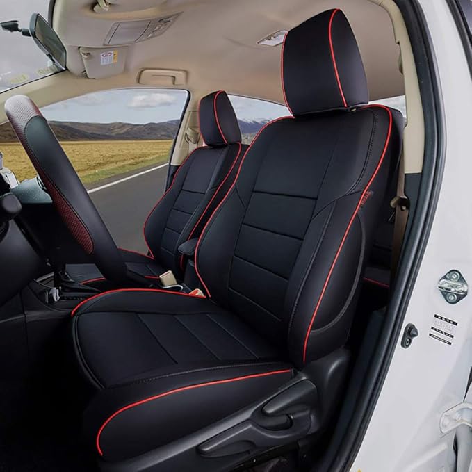 EKR Rav4 Seat Covers Custom Fit for Toyota Rav4 2016 2017 2018(Hybrid) LE,SE,XLE,Limited, Leather Truck Seat Cover Full Set for SUV,Faux Leather(Black with Red Trim)