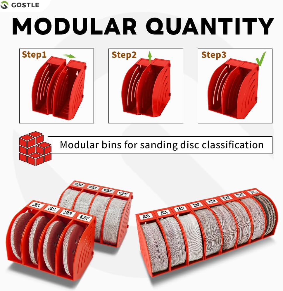 5 Inch Professional Sanding Discs Storage Bins - 6 Bins Set for Efficient Organization, Offset Snap-On Connection, Grit Classification, Space-Saving Design and Versatile Application, Red