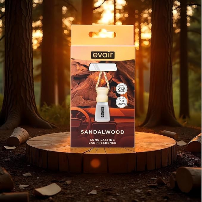 Evair Sandalwood Scent For Car Air Freshener | Hanging Air Fresheners with Wooden Diffuser - Long Lasting Fragrance from Essential Oil