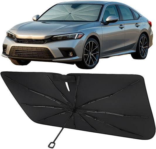 Proadsy Windshield Sun Shade Umbrella for Honda Civic 2022-2025 2026 Foldable Car Umbrella Sunshade with Soft TPU Handle Spring Structure Crystal Cooling Material Protect Car from Rays & Heat