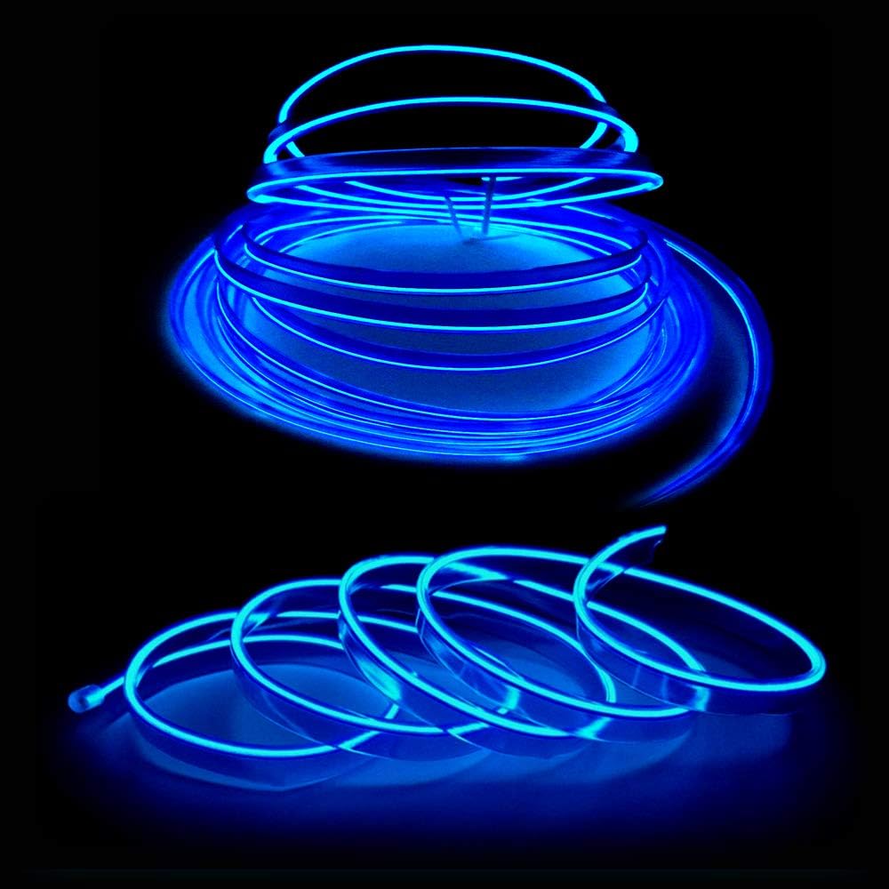 El Wire Blue Interior Car LED Strip Lights, 5M Neon Wire USB 5V with Fuse Protection for Automotive Interior Decoration, with 6mm Sewing Edge