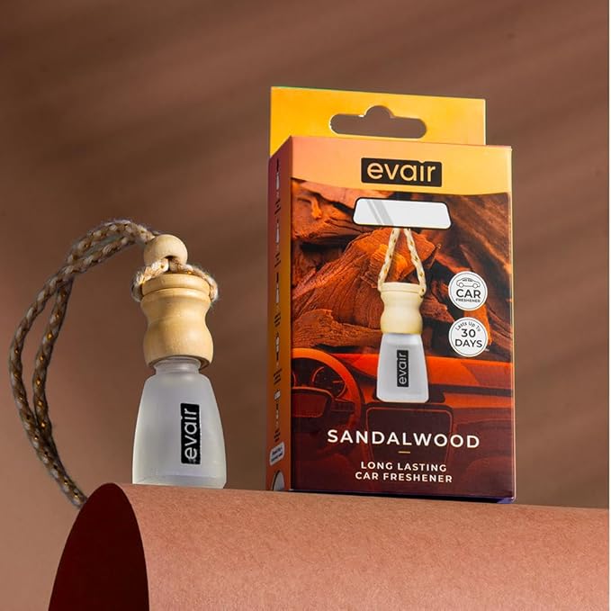 Evair Sandalwood Scent For Car Air Freshener | Hanging Air Fresheners with Wooden Diffuser - Long Lasting Fragrance from Essential Oil