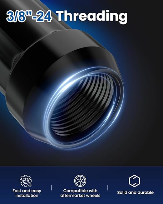 GAsupply 3/8"-24 ATV Lug Nuts Black, Closed End Acorn Spline Lug Nut Set 1.37" 35mm Tall Conical/Cone Seat for Aftermarket Wheels, 16pcs+1 Spline Lock Key
