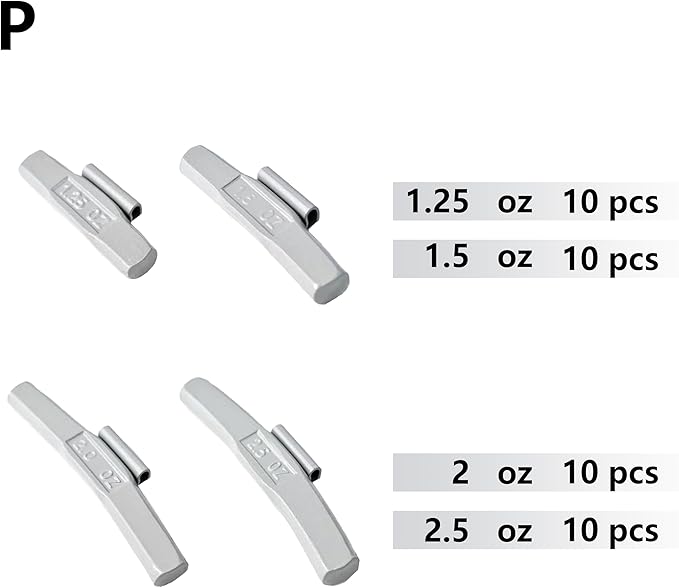 P-M40 Wheel Weight Kit P Style ;Grey 40pcs/kit: 1 1/4oz, 1 1/2oz, 2oz and 2 1/2oz 10pcs Each