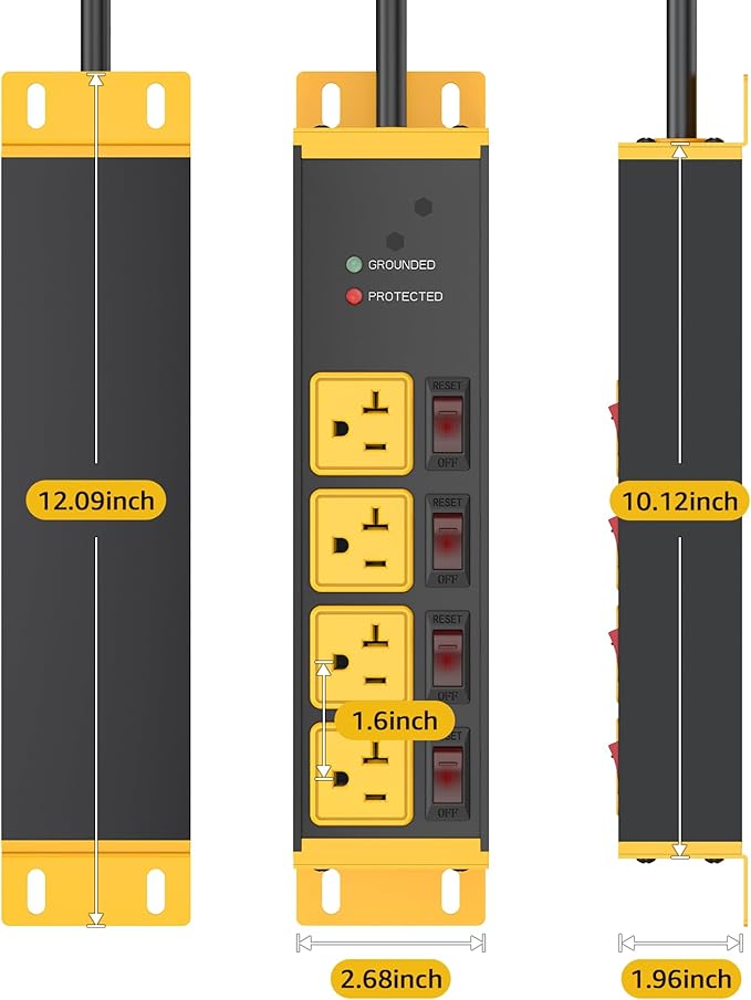 CCCEI Heavy Duty Surge Protector Power Strip 20 Amp Individual Switches. 25FT 12 Gauge Extension Cord with Multiple Outlets. Kitchen, Garage, Shop, Industrial Wall Mount Electric Extender, Yellow.