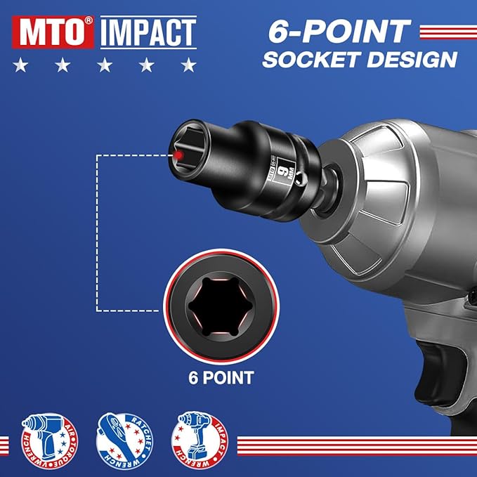 MTO 1/2" Drive 9mm Shallow Impact Socket, 6-Point Metric Socket, CR-MO Steel & Anti-Corrosion Coating for Tight Spaces and Heavy-Duty Tasks