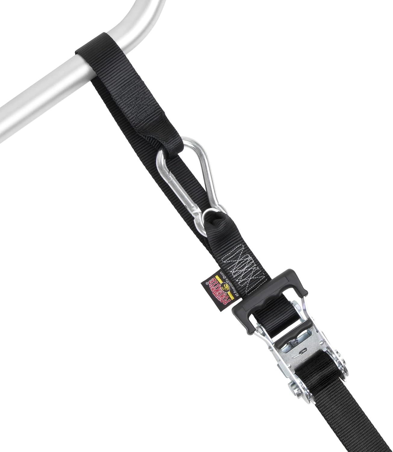 PowerTye - Made in USA - Heavy Duty Ratchet Tie Down Straps with Carabiner Hooks, Soft-Tye & Storage Bag, for Motorcycle, ATV, Trailer & Cargo, 1,000 lb WLL, 1.5 inch x 6.5ft Long, Black/Black (Pair)