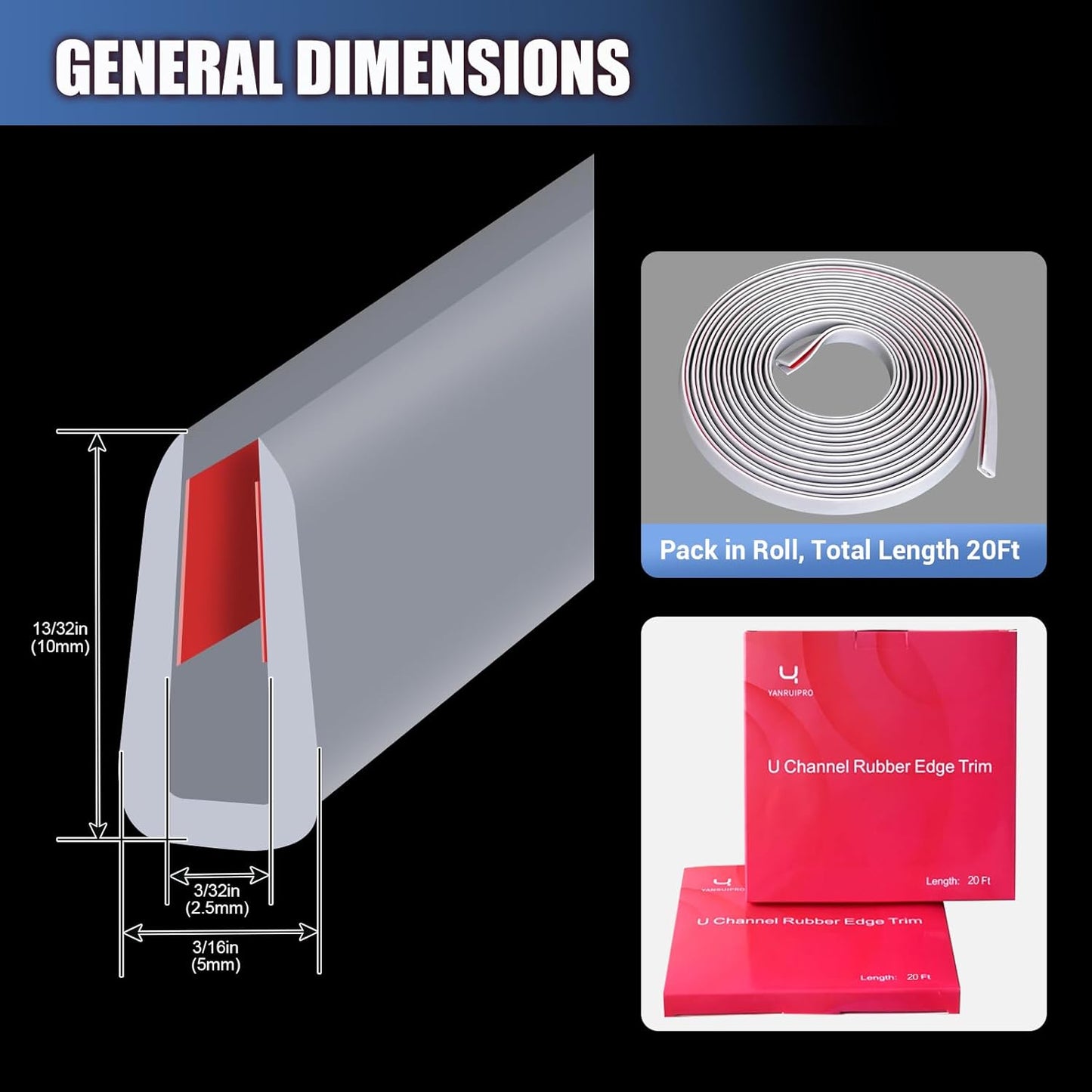Rubber Edge Trim, Flexible Edge Trim for Sharp Edge, 3/32" U Channel Edge Protector, Self Adhesive Edge Guards for Car Doors, Truck Doors and Sheet Metal Parts, 20Ft, Grey Color