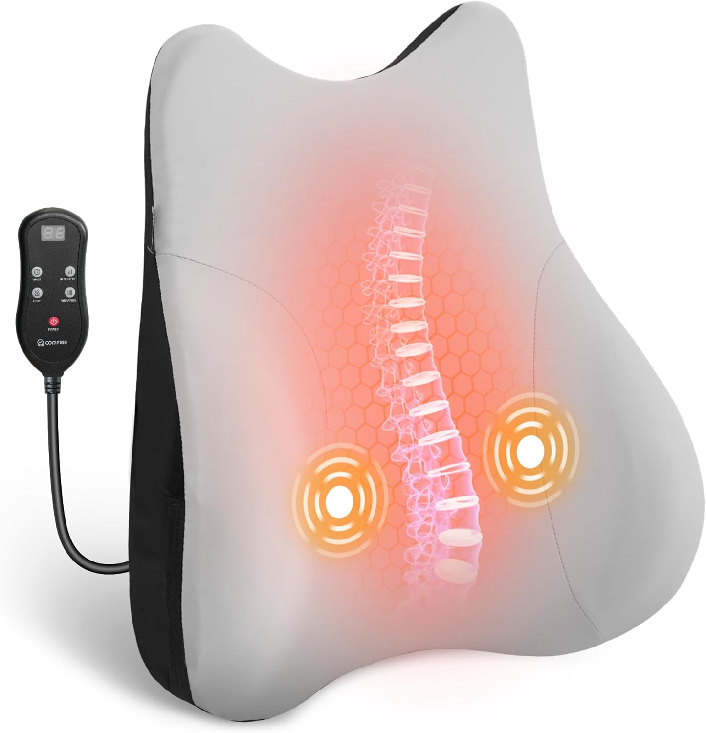 COMFIER Lumbar Support Pillow for Office Chair, Heated Back Support Pillow with 3 Vibration Modes & 3 Intensities, Ergonomic Back Support Cushion for Car,Recliner,Gaming Chair