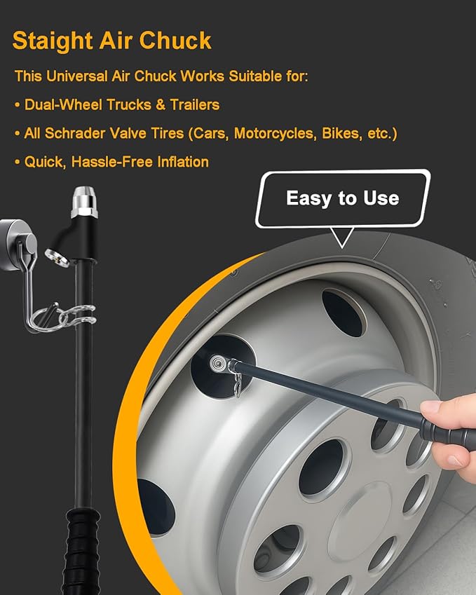 GODESON 15" Extended Reach Dual Head Air Chuck, 1/4" NPT Tire Inflator Nozzle with Quick Plug – Heavy Duty Air Compressor Chuck Kit for Semi, Truck, RV, Dually Tires, Close Flow Tire Chucks