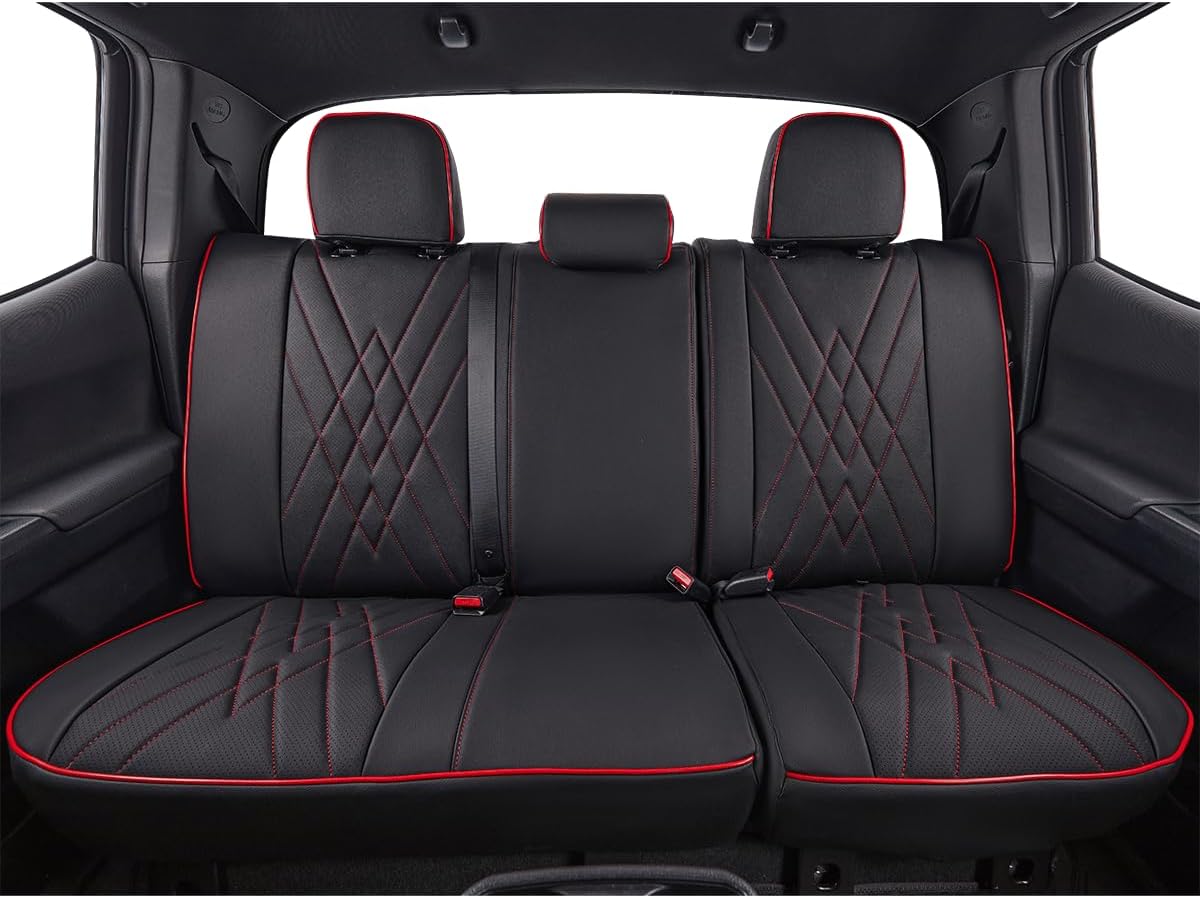EKR Custom Fit Tacoma Rear Car Seat Covers for Select Toyota Tacoma (Petrol) 2024 2025 Double cab SR,SR5,TRD Sport,TRD Off-Road,Limited - Second Row Only,Leather (Black with Red Trim)