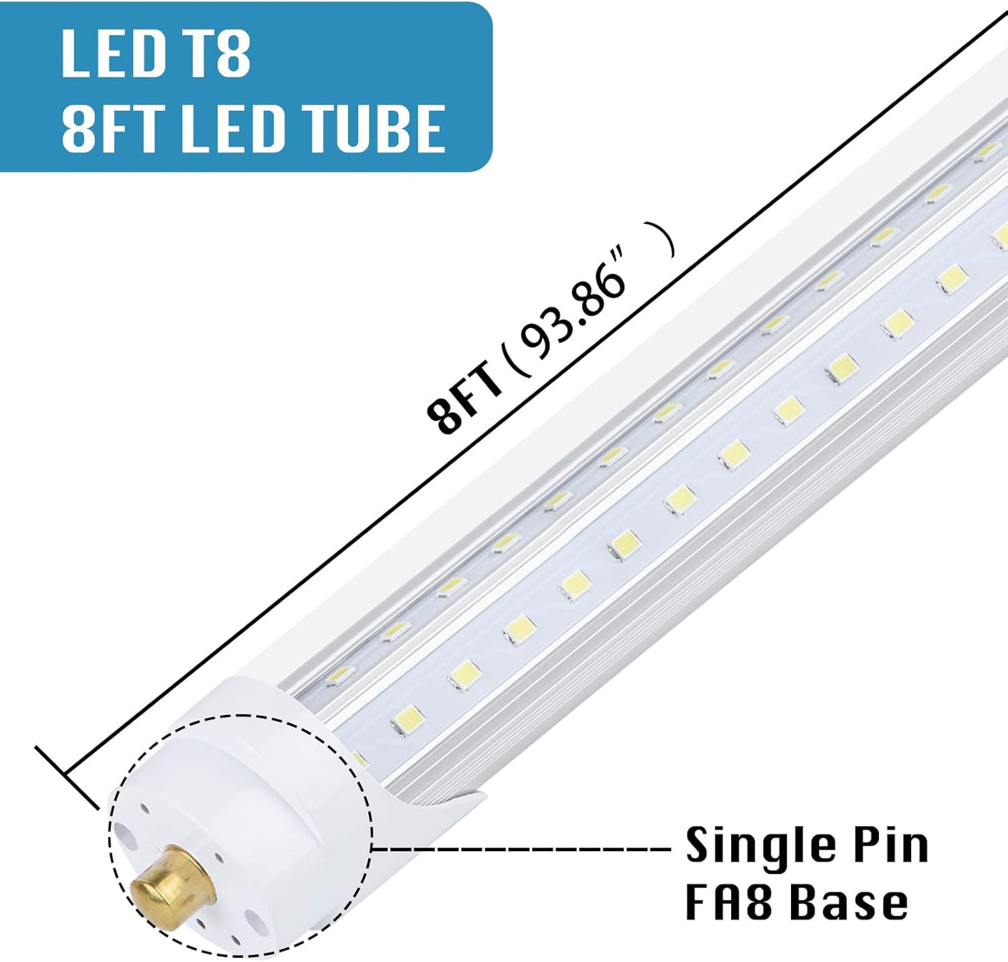25 Pack, T8/T10/T12 8FT LED Tube Light, Single Pin FA8 Base, 100W 6000LM 6000K Cold White, 270 Degree V Shaped LED Fluorescent Bulb (200W Equiv.), Clear Cover, Dual-Ended Power