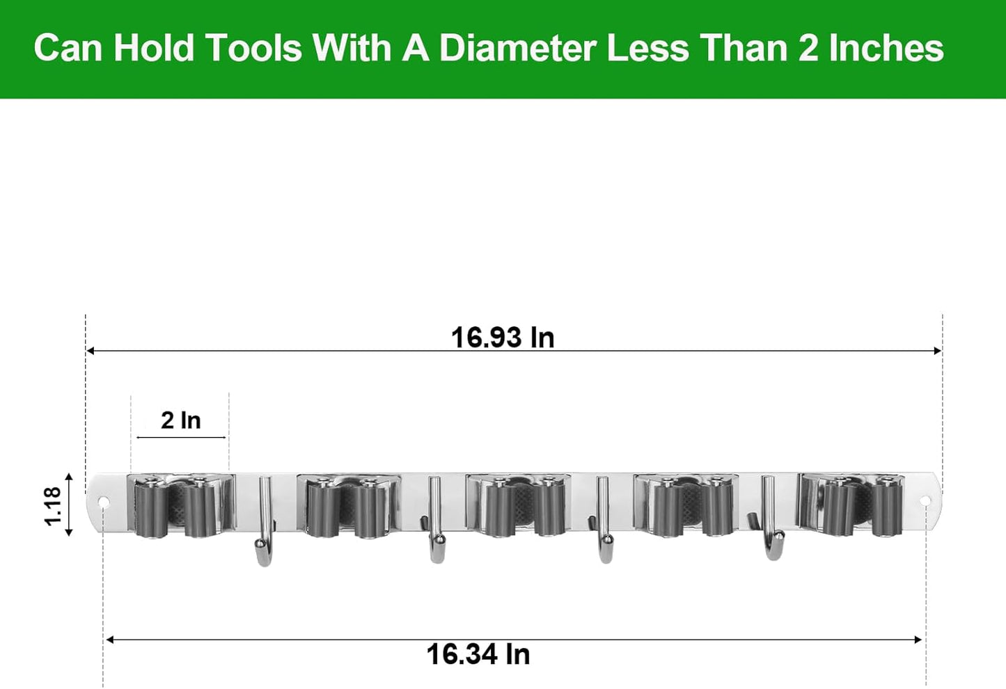 voze [2 Pack] 5 Racks and 4 Hooks Mop and Broom Holder Wall Mount, Self Adhesive Heavy Duty Broom Organizer Storage Tool Racks for Kitchen Garden Laundry Garage, Silver