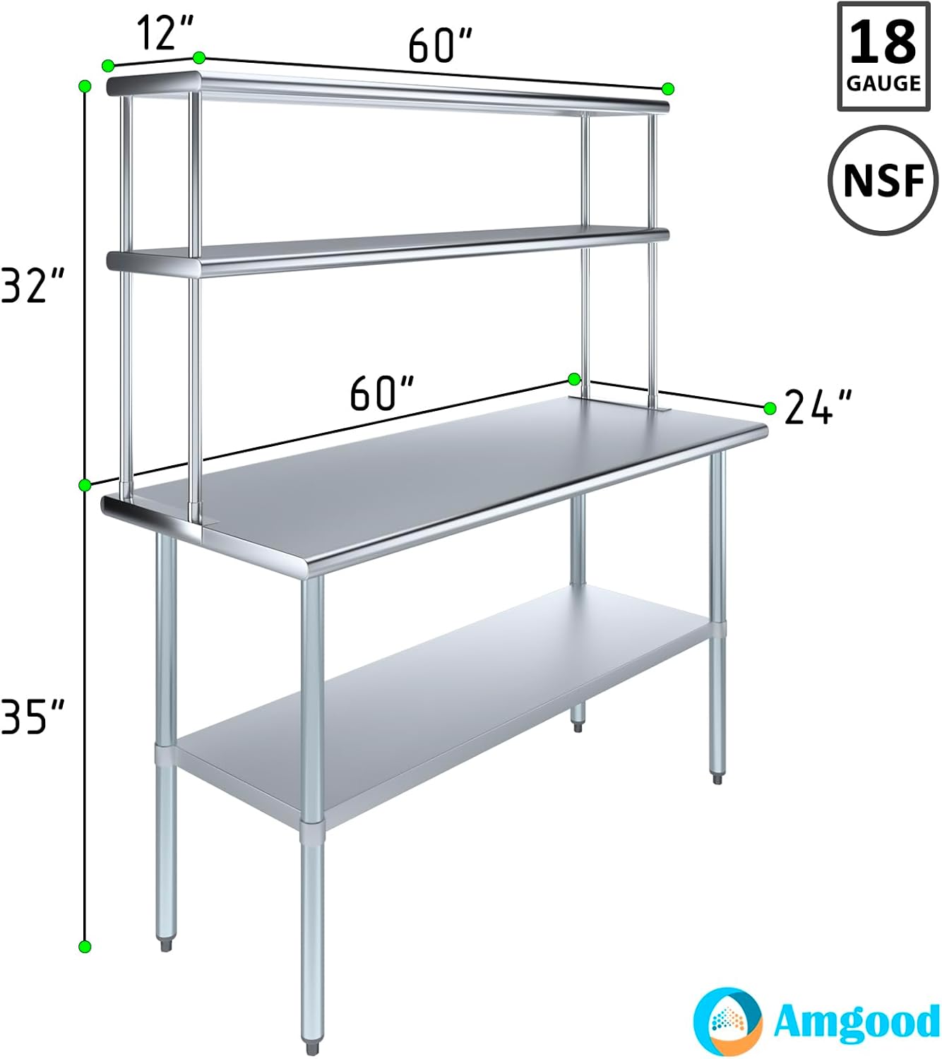 Amgood Stainless Steel Work Table Double Tier Overshelf | Metal Kitchen Prep Table & Shelving Combo (24" x 60" Work Table + 12" Overshelf)
