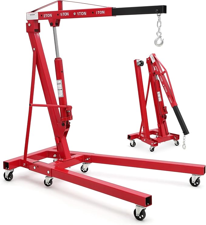 2-Ton Folding Engine Hoist Cherry Picker 4400 Lb Capacity Hydraulic Shop Crane with Telescoping Boom 6 Caster Wheels for Automotive Repair Garage Use Includes Hitch and Storage Stand Red