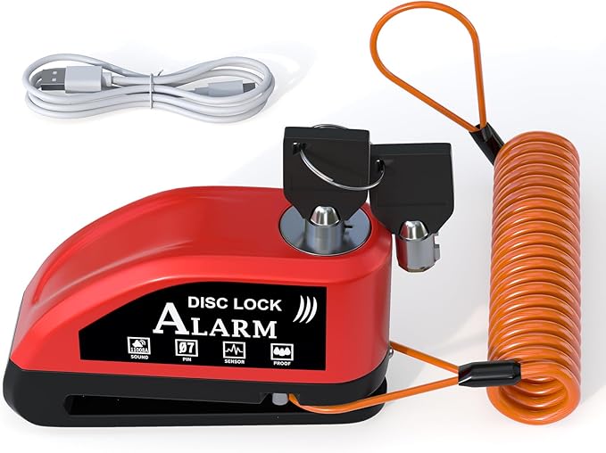 Motorcycle Alarm Disc Brake Lock With Reminder Cable - Rechargeable, 110 dB Sound, Anti-Theft Waterproof, 2 H Fast-Charging, 9 Months Standby, 7 mm Pin Universal for Bikes