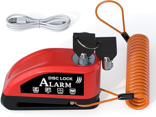 Motorcycle Alarm Disc Brake Lock With Reminder Cable - Rechargeable, 110 dB Sound, Anti-Theft Waterproof, 2 H Fast-Charging, 9 Months Standby, 7 mm Pin Universal for Bikes