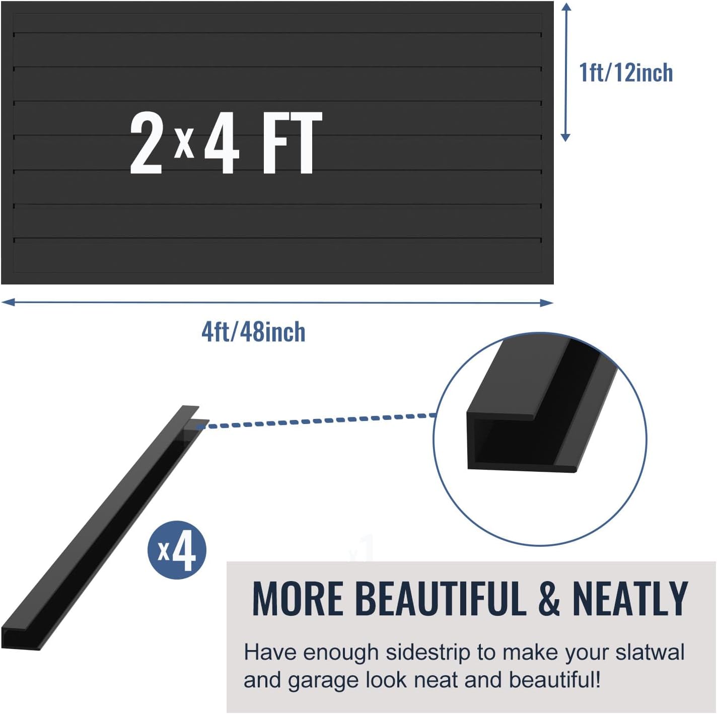 Slatwall Panel Garage Organizer PVC Slatwall Heavy Duty Wall Mounted Rack, Interlocking Slat Wall Panels for Tool Organization Peg Board (Black 4 x 2 ft)