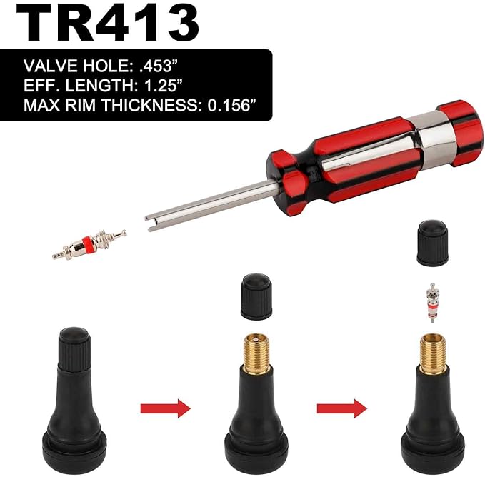 Hromee Tire Valve Stem Tool Puller and Installer Kit, 4PCS TR413 Tubeless Snap-in Valve Stem with Valve Stem Cores, Single Head Valve Core Remover and Slotted-Head Valve Cap