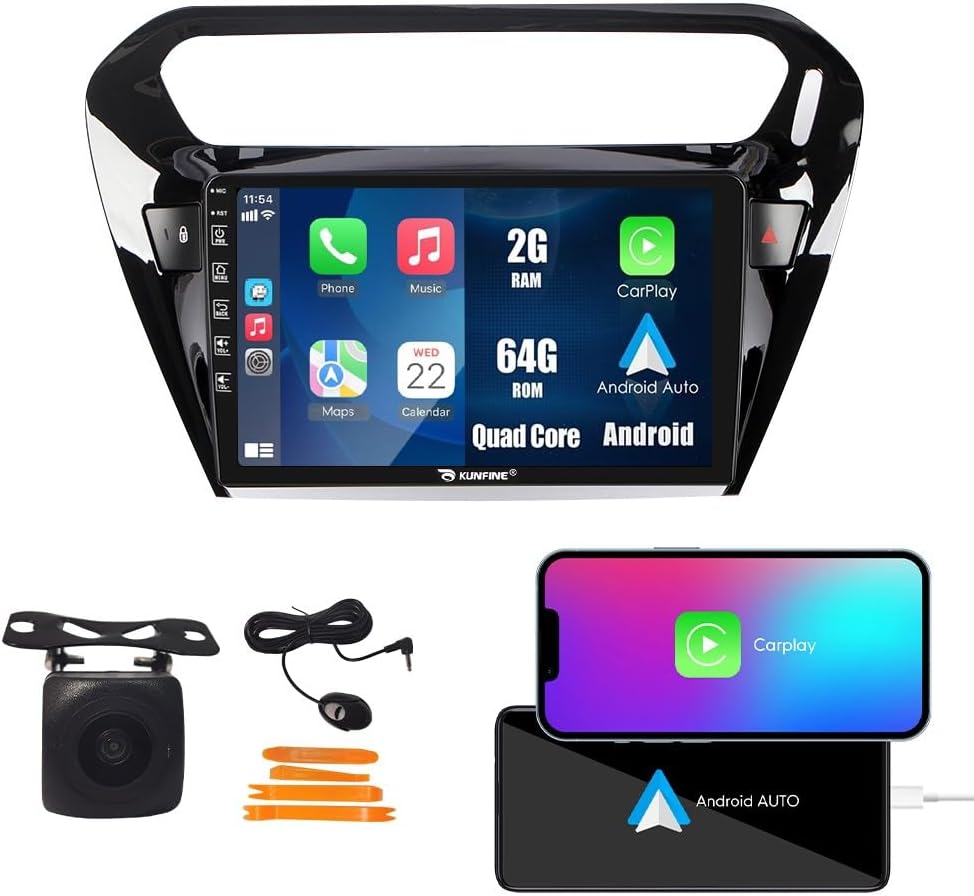 Kunfine Car CarPlay Android Auto Navigation Stereo GPS Radio Reverse Camera Display 9" IPS Touchscreen Headunit Tablet Pad Media Player For Peugeot 301 13-22 if Applicable Quad Core 2G+64G Gloss Black