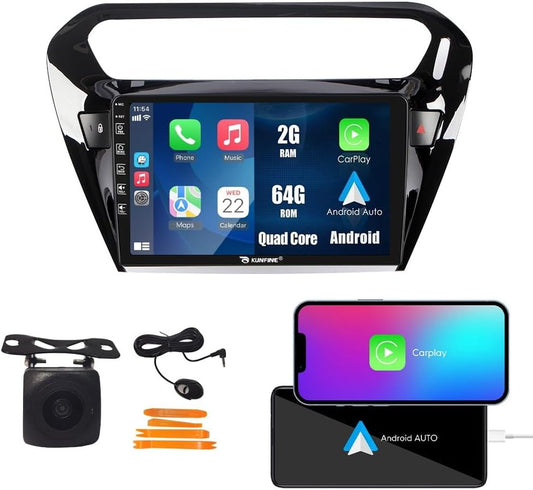 Kunfine Car CarPlay Android Auto Navigation Stereo GPS Radio Reverse Camera Display 9" IPS Touchscreen Headunit Tablet Pad Media Player For Peugeot 301 13-22 if Applicable Quad Core 2G+64G Gloss Black