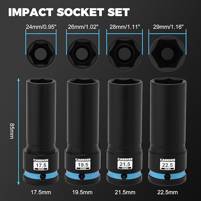4-Piece 1/2" Drive Lug Nut Impact Socket Set, Non-Marring Thin Wall Wheel Protector Socket，CR-MO, Metric 17.5, 19.5, 21.5, 22.5mm