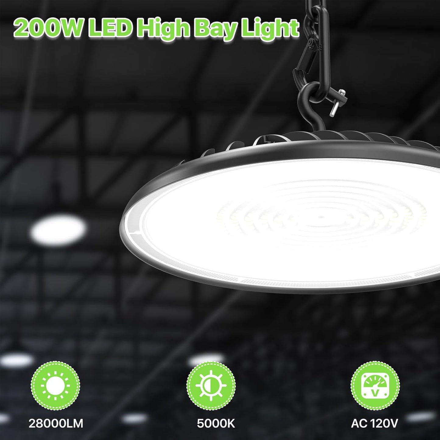 High Bay LED Shop Lights 200W - 28000LM 5000K High Bay Light, IP65 Waterproof with US Plug, Hanging Hook, 2 Pack Commercial Bay Lights for Barn, Warehouse ETL Listed