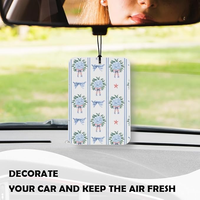 Patriotic Bow Blue Hydrangea Floral Car Air Freshener 3 Pcs, Cottagecore Striped Floral Air Freshener Hanging Decor for Cars Closet Drawer Books Accessories Gifts