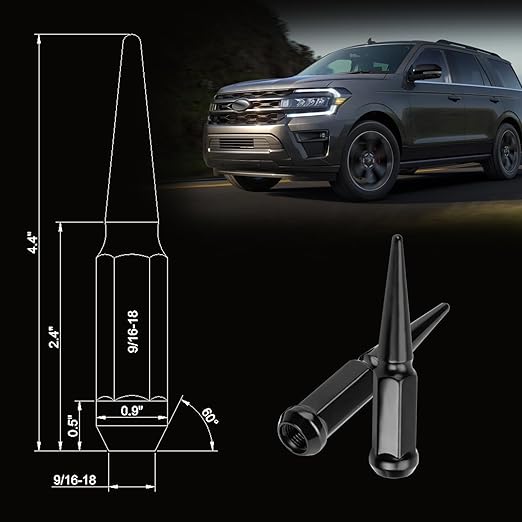 32PCS 14x1.5 Wheel Spike Lug Nuts, Black Spike Lug Nuts M14x1.5 Solid 4.4" Tall Acorn Lug Nut with 1 Socket Key Replacement for Ram 1500 2500 3500, F-150 F-250 F-350, Expedition