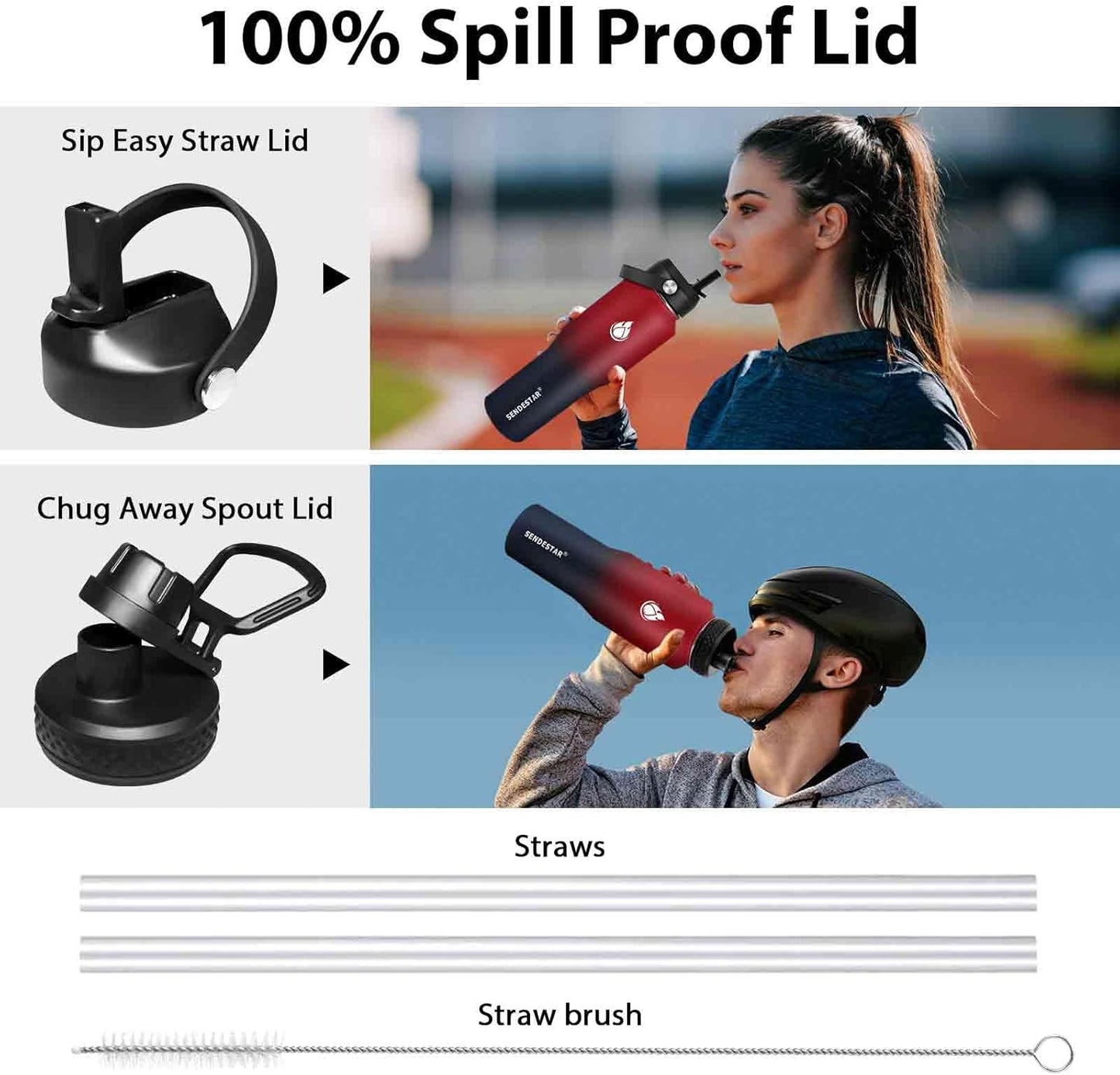 SENDESTAR 32oz Water Bottle Wide Mouth Stainless Steel Vacuum Insulated Double Wall with 2 Straw Lids Fit in Any Car Cup Holder