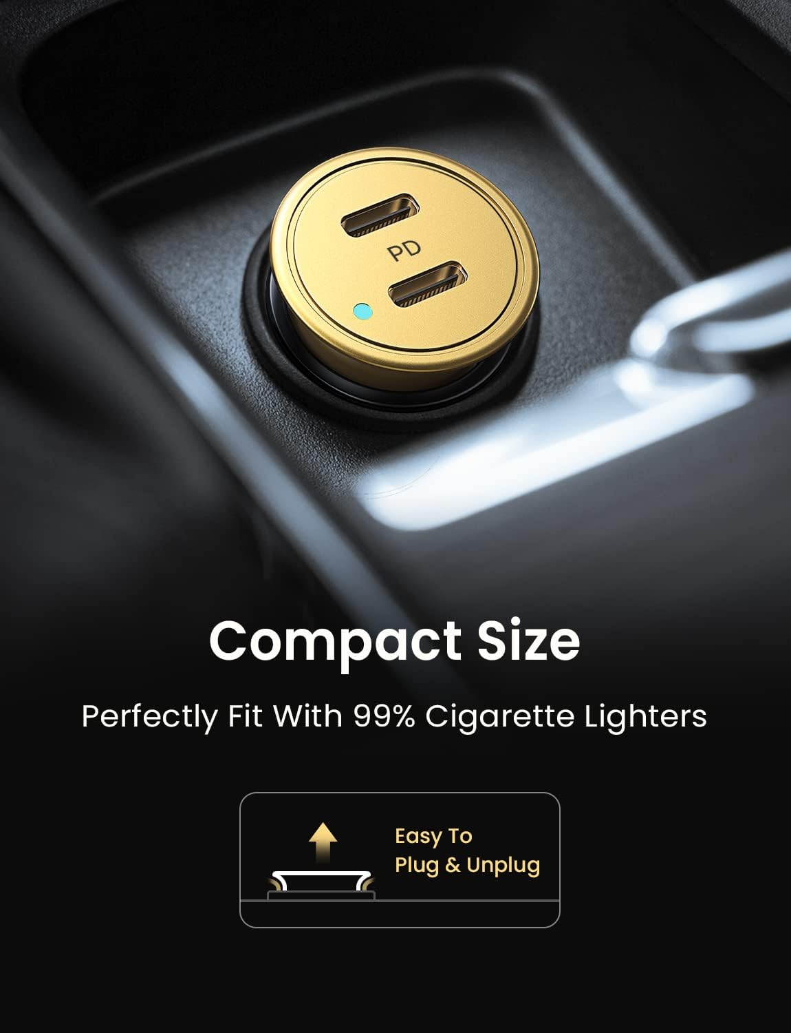 AINOPE Super Fast USB C Car Charger, 56W Fast Charging, Smallest All Metal 12V Car Charger USB C Fit for iPhone 16 Pro Max, Galaxy S24, 2024 iPad Pro - Gold