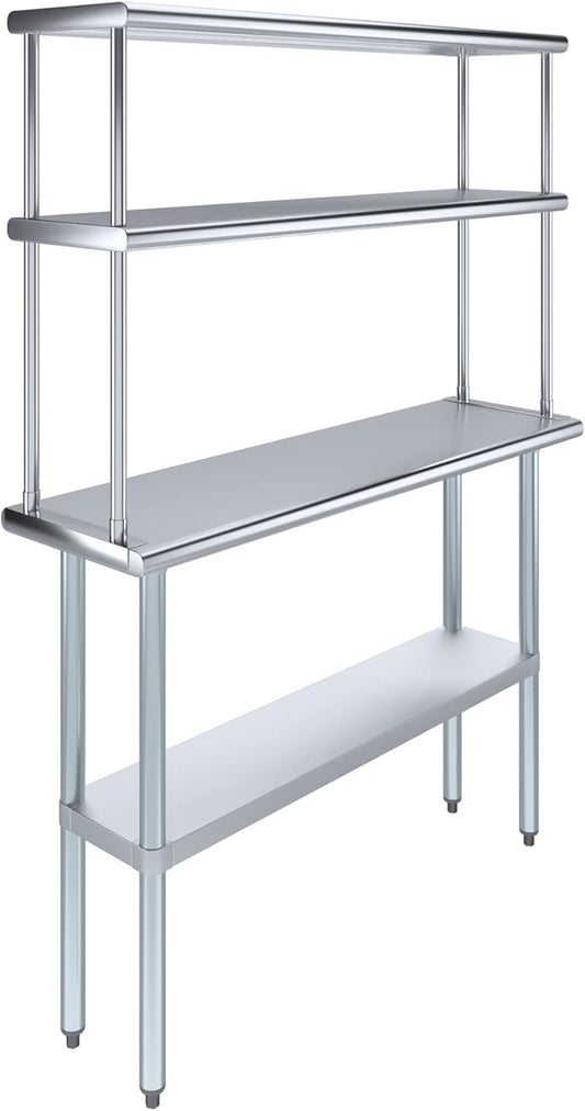 Amgood Stainless Steel Work Table Double Tier Overshelf | NSF 14" x 48" Work Table + 12" Overshelf