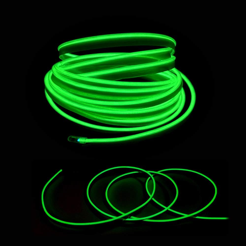 El Wire Green Interior Car LED Strip Lights, 3M Neon Wire USB 5V with Fuse Protection for Automotive Interior Decoration, with 6mm Sewing Edge