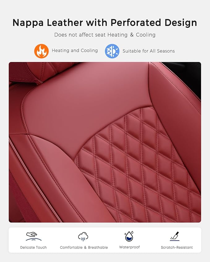 Huidasource Red Seat Covers, Nappa Leather Car Seat Covers, Automotive Seat Covers Velcro Adjustable, Compatible with Airbags, Child Seat, Fit for Most Cars, Vans, Trucks, SUVs (Full Set/Red)