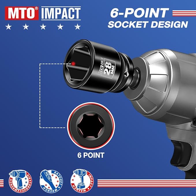 MTO 1/2" Drive 28mm Shallow Impact Socket, 6-Point Metric Socket for Automotive Maintaince, CR-V Steel Meets ANSI Standards