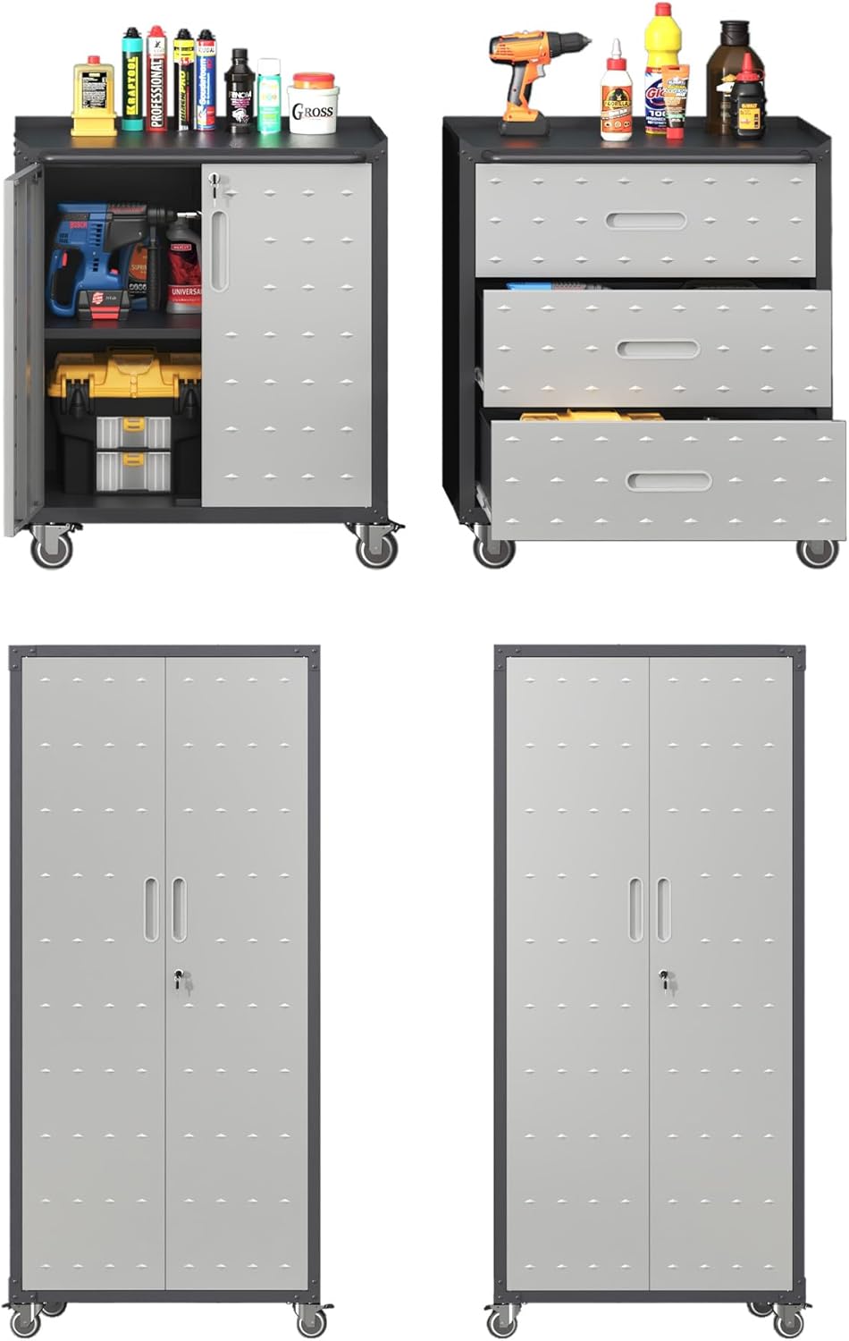 Metal Tool Cabinet,Garage Storage Cabinet System,Wall Cabinet & Locking Rolling Tool Cabinet with Doors and Adjustable Shelves,Steel Tool Cabinets for Home,Office (4 Pcs-StyleA, Black & Grey)